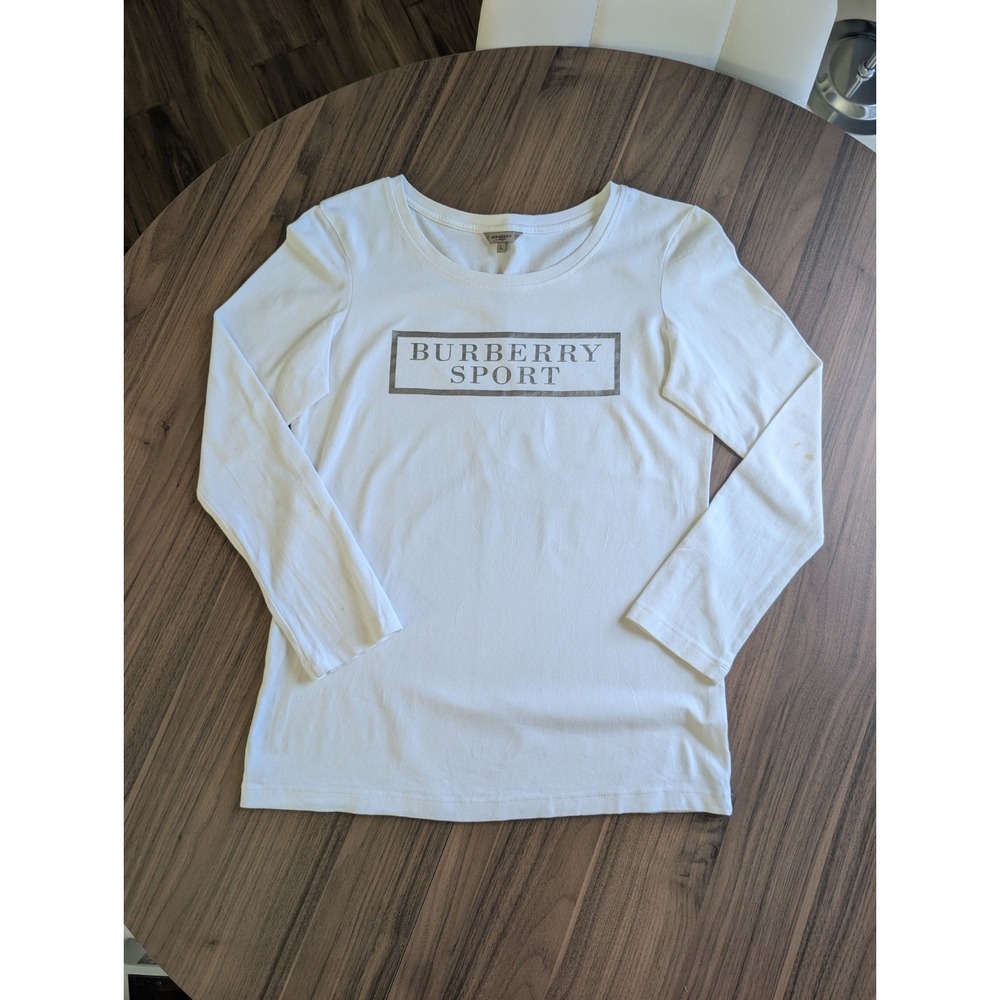 Burberry Sport Y2K Vintage Logo Long Sleeve Tee White Stretch Top Women's Large